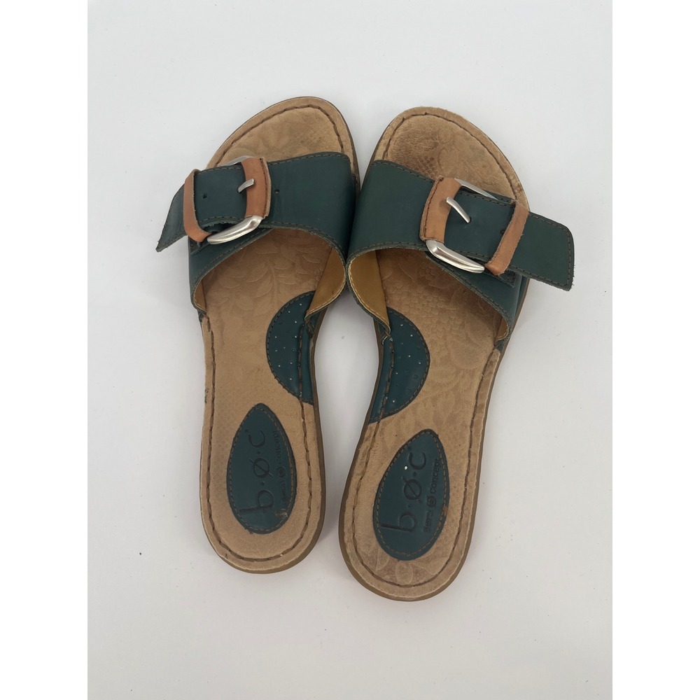 B.O.C. Born Concept Slide Sandal Women 7 Green Leather Buckle Slide Flat Comfort - Picture 6 of 10